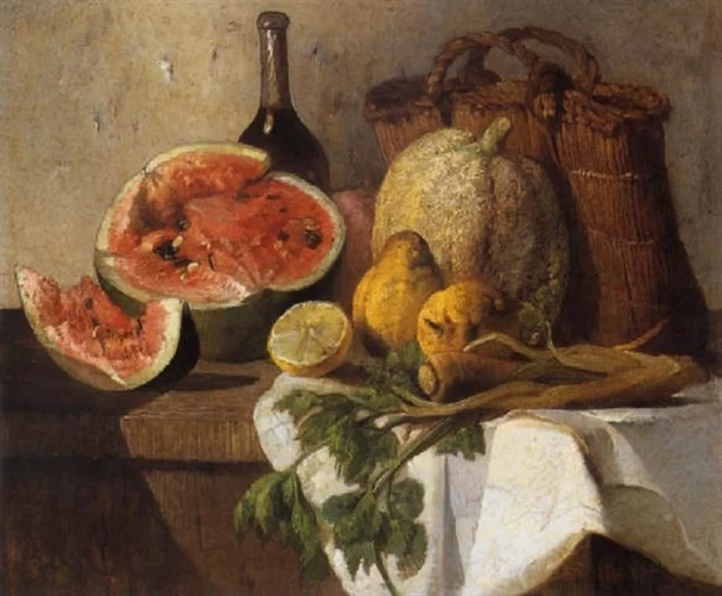 Natura morta con verdure, frutta. bottiglia di spumante e sporta